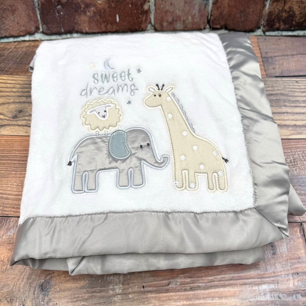 Lullaby Club Baby Plush Blanket White Gray Satin Edge Sweet Dreams Animals